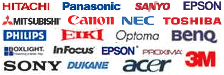 Loga značek Hitachi, Panasonic Sanyo, Epson, Mitsubishi, Canon, NEC, Toshiba, Philips, Eiki, Optoma, BenQ, Boxlight, Infocus, Epson, 3M, Proxima, SONY, Dukane, Acer